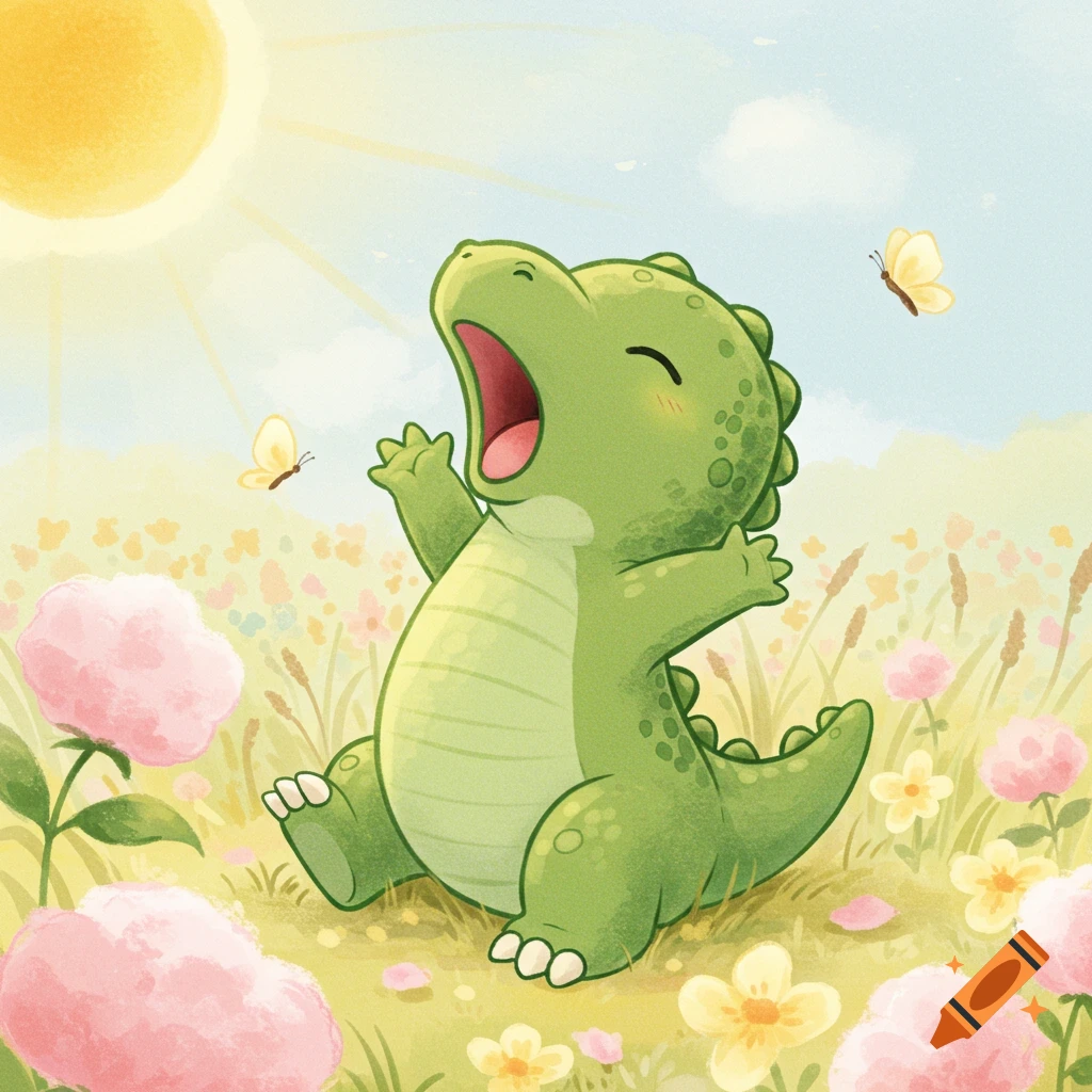 A cute baby green dinosaur stretching and yawning in a sunny field with pastel flowers and butterflies, in a soft watercolor style.