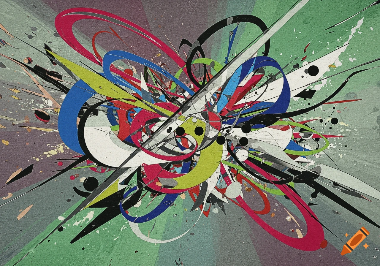 Vibrant abstract art with a dynamic burst of colorful lines, curves, and splatters on a textured background.