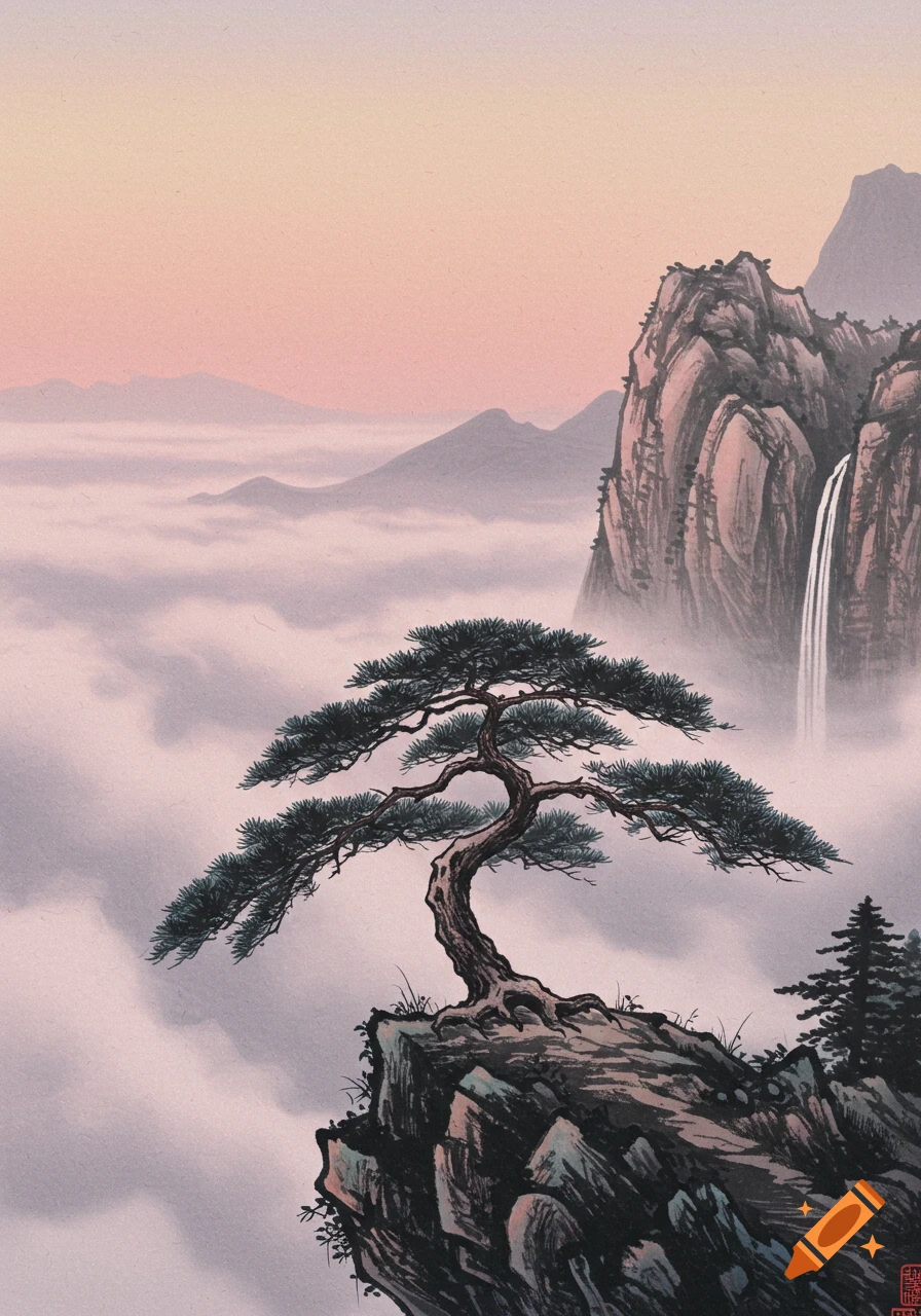 A lone pine tree on a cliff overlooking a misty mountain landscape with a waterfall, in the style of a traditional Chinese brush painting.