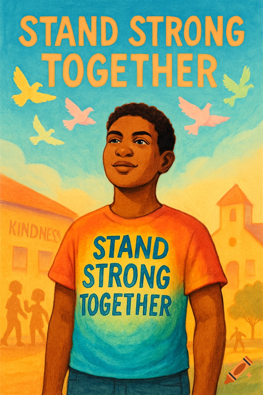 A colorful illustration of a smiling Black boy wearing a 'STAND STRONG TOGETHER' shirt, with birds and 'KINDNESS' on a building.