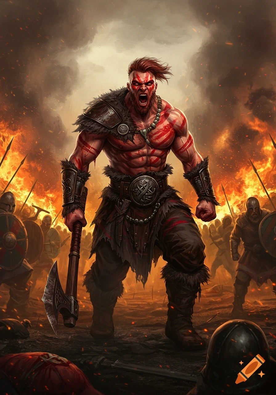 A furious, muscular berserker warrior with red war paint and an axe stands on a fiery battlefield among other warriors.