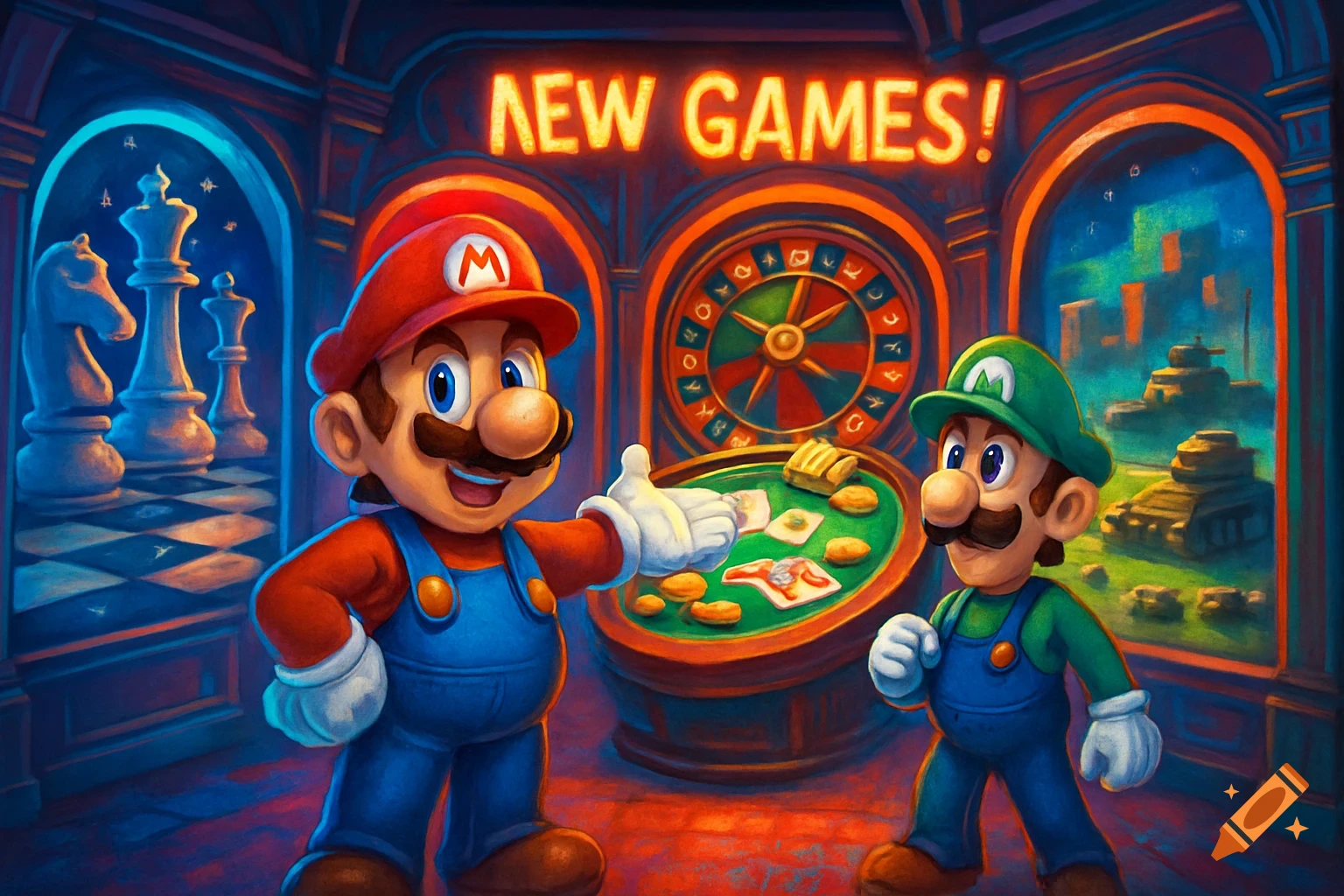Mario and Luigi in a vibrant game gallery featuring chess, roulette, poker, and tanks under a 'NEW GAMES!' sign.