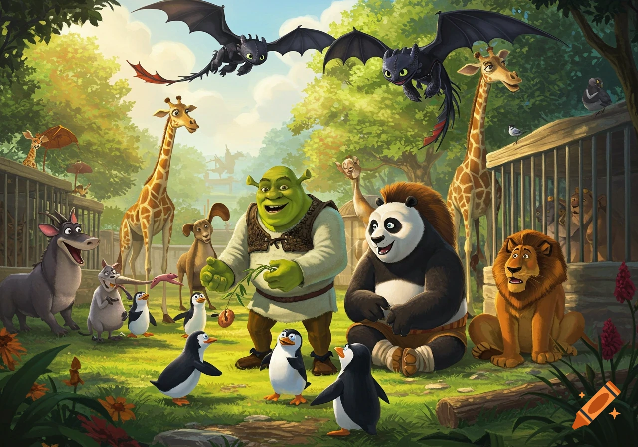 Shrek, Po, Toothless, Alex, Donkey, penguins, and giraffes gather in a vibrant cartoon zoo enclosure.