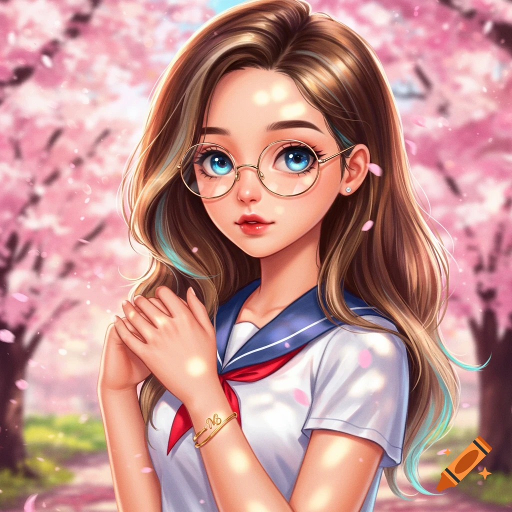 Anime girl with blue eyes and glasses, wearing a school uniform, standing amidst falling pink cherry blossom petals.