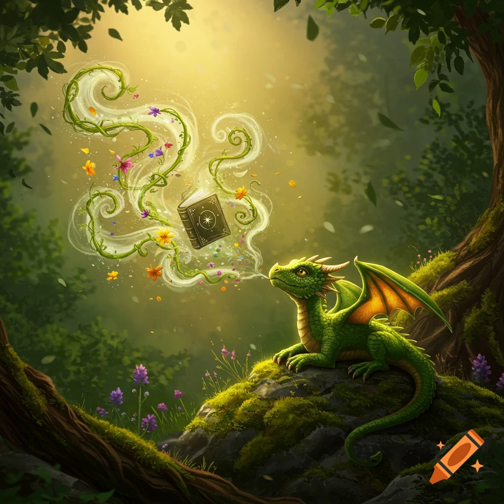 A baby green dragon in a magical forest breathes smoke that turns into glowing vines, flowers, and a floating book.