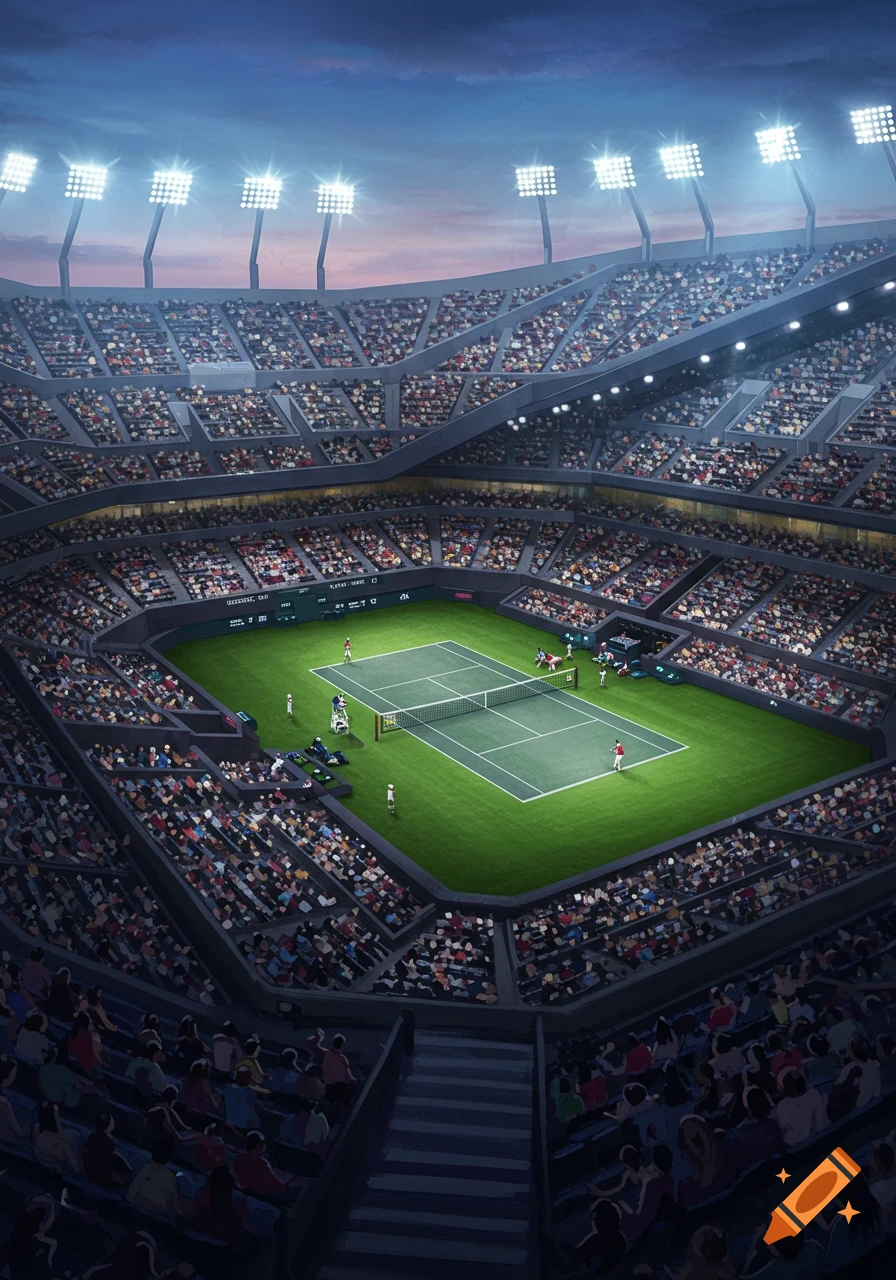 An aerial view of a brightly lit tennis stadium filled with spectators at dusk under a twilight sky.