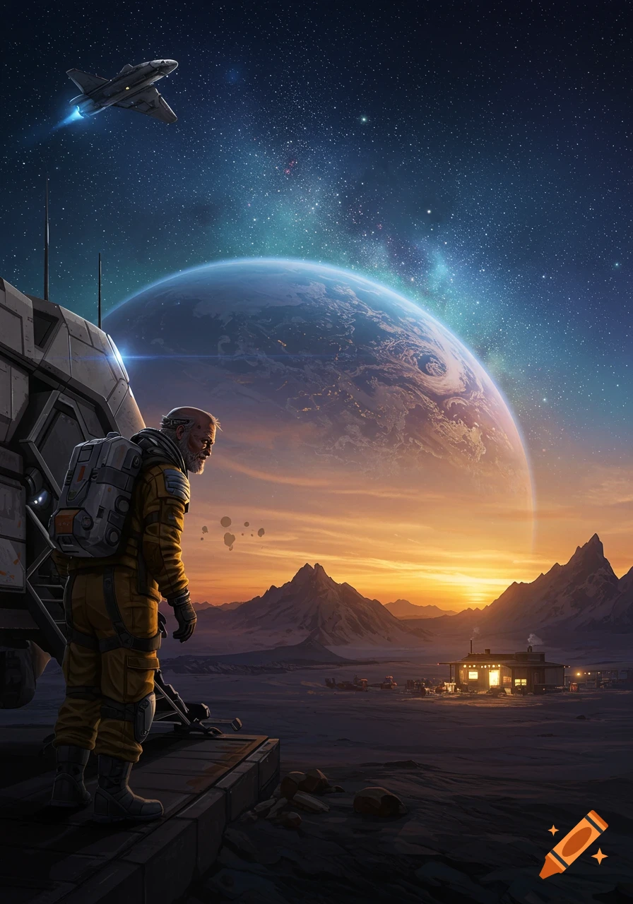 An astronaut in a yellow suit stands on a platform, looking at a large planet in a vibrant space sky and a distant sunrise on an alien world. A spaceship flies above.