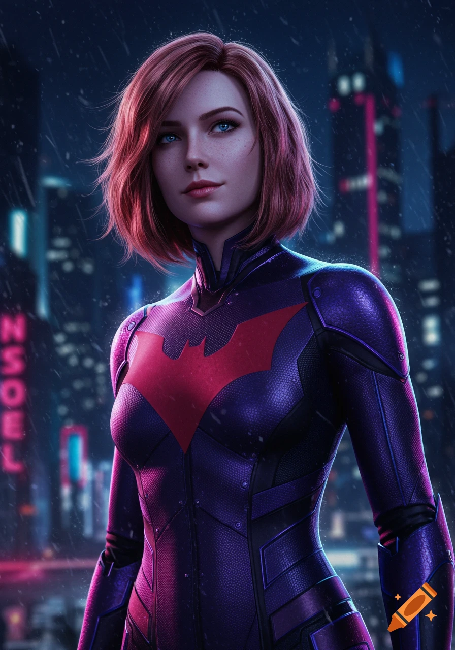 A photorealistic depiction of a woman with a bob haircut and blue eyes in a purple Batman Beyond-style suit standing in a rainy cyberpunk city.