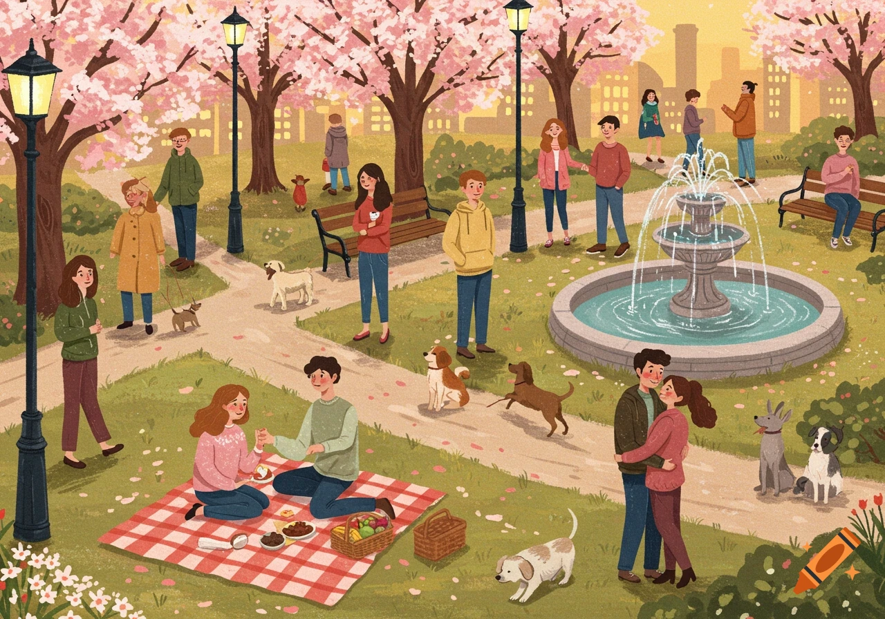 An illustrated park scene in spring with cherry blossoms. People walk dogs, have a picnic, and gather around a fountain, in a warm, cheerful palette.