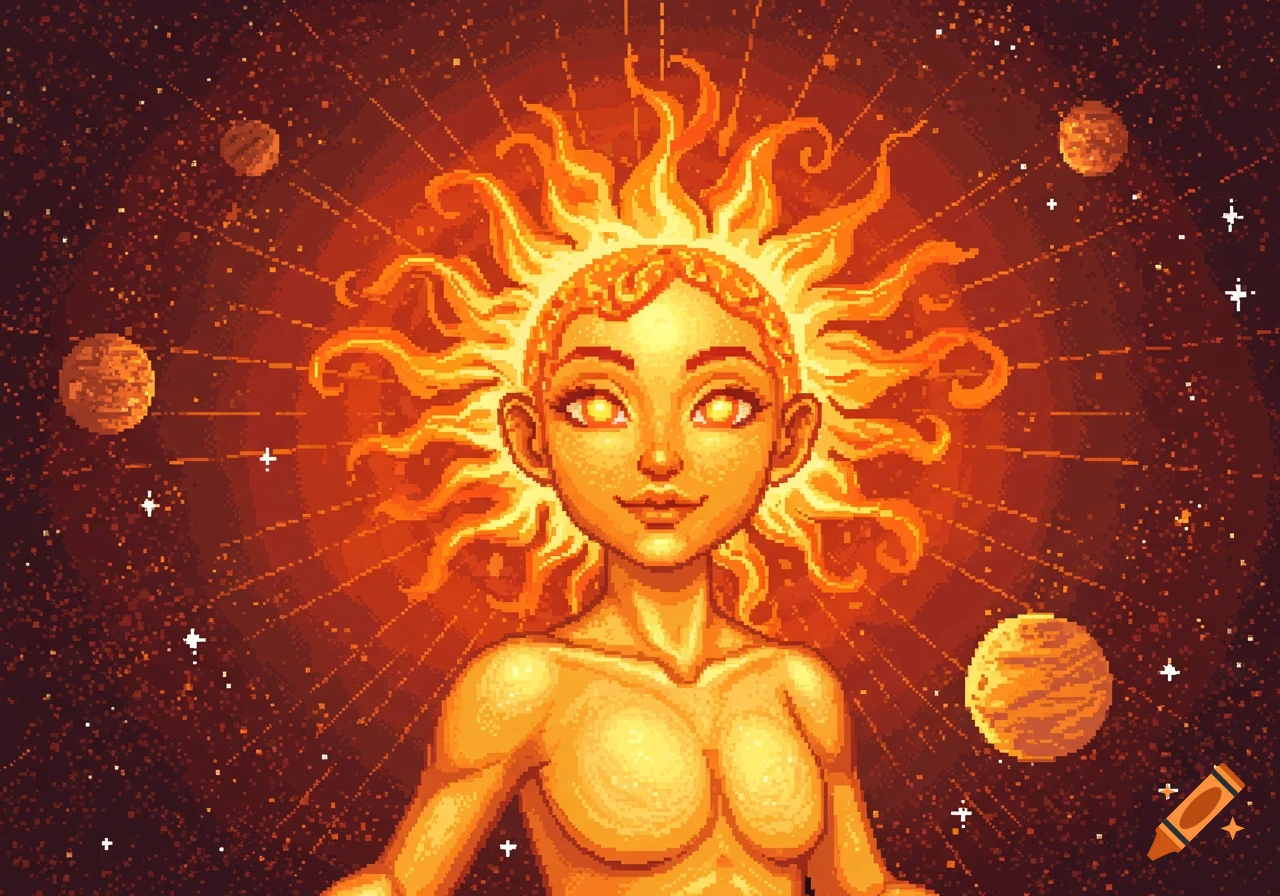 Pixel art of a glowing female figure with fiery hair representing the sun, surrounded by planets and stars in space.