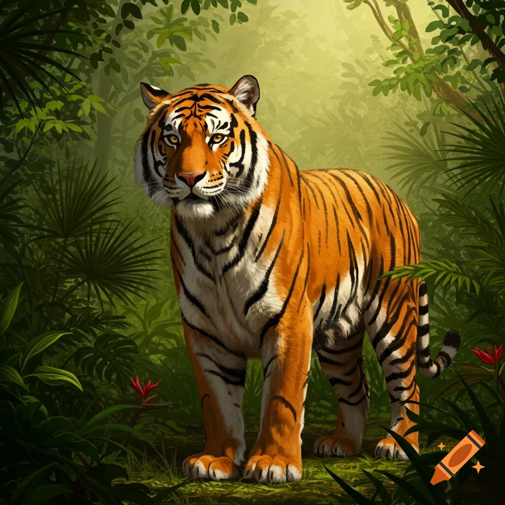 A majestic tiger with orange and black stripes stands in a lush, green jungle as light filters through the trees.