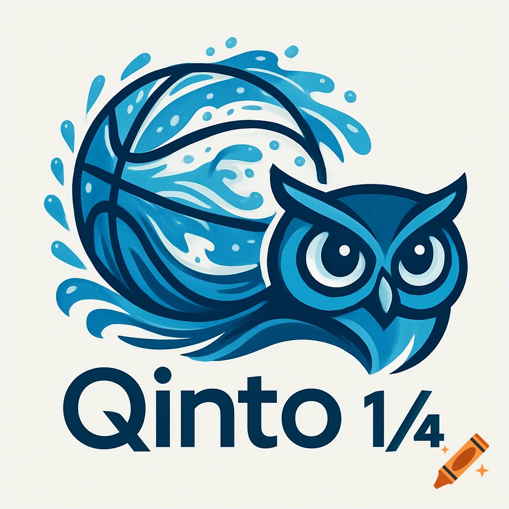 Blue and white vector logo featuring an owl and a basketball with water splashes, with 'Qinto 1/4' text.