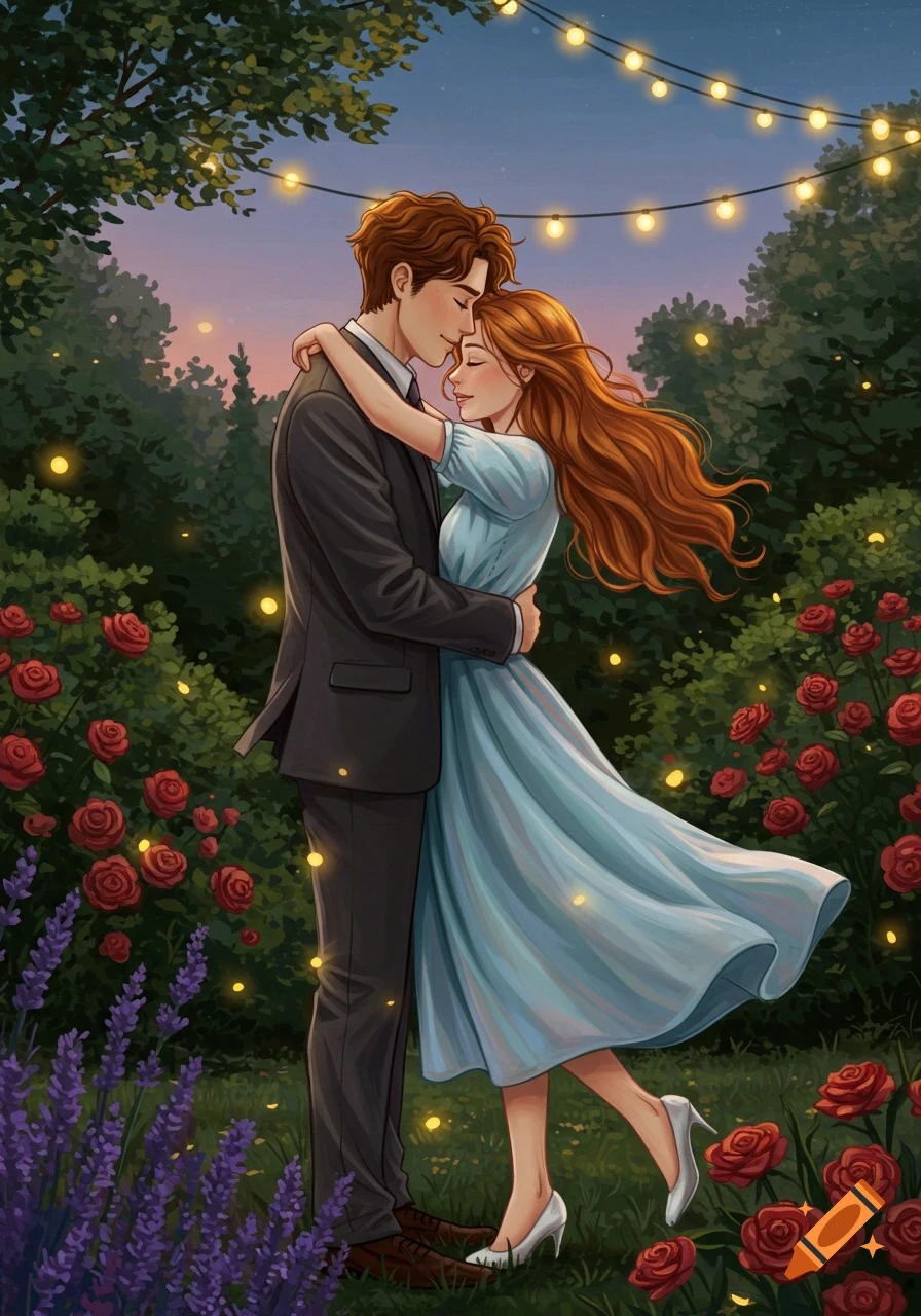 A semi-realistic illustration of a loving couple embracing in a romantic garden at dusk, surrounded by roses, lavender, and string lights.