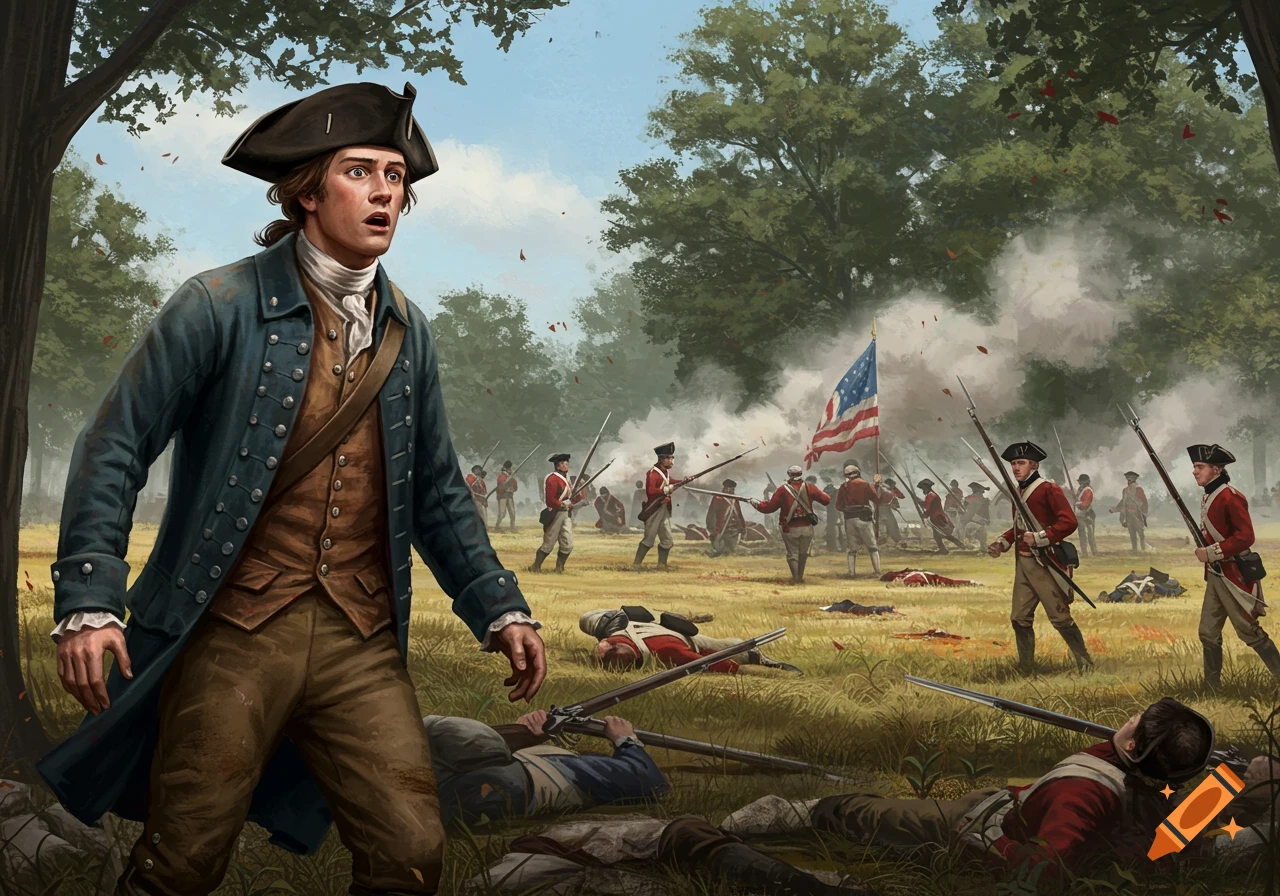 A shocked Colonial soldier stands in the foreground, looking at a smoky American Revolution battle with Redcoats and an American flag.