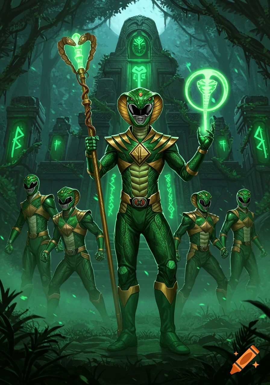 A green serpent-themed Power Ranger, holding a glowing staff, leads a squad of rangers in a lush, ancient jungle ruin.