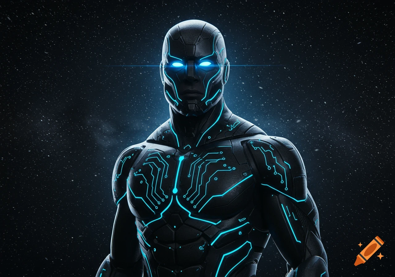 A futuristic humanoid in black armor with glowing blue circuit patterns and bright blue eyes, against a starry dark background.