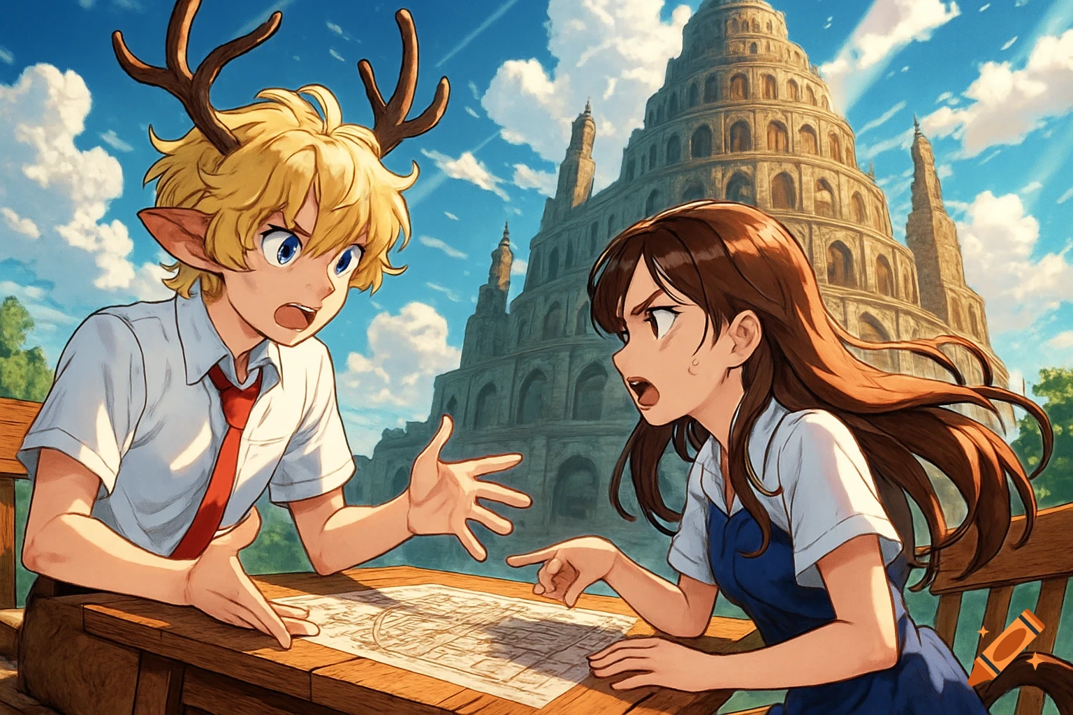 Anime illustration of a blonde satyr and a brunette woman in uniform discussing over a schematic with the Tower of Babel behind them.