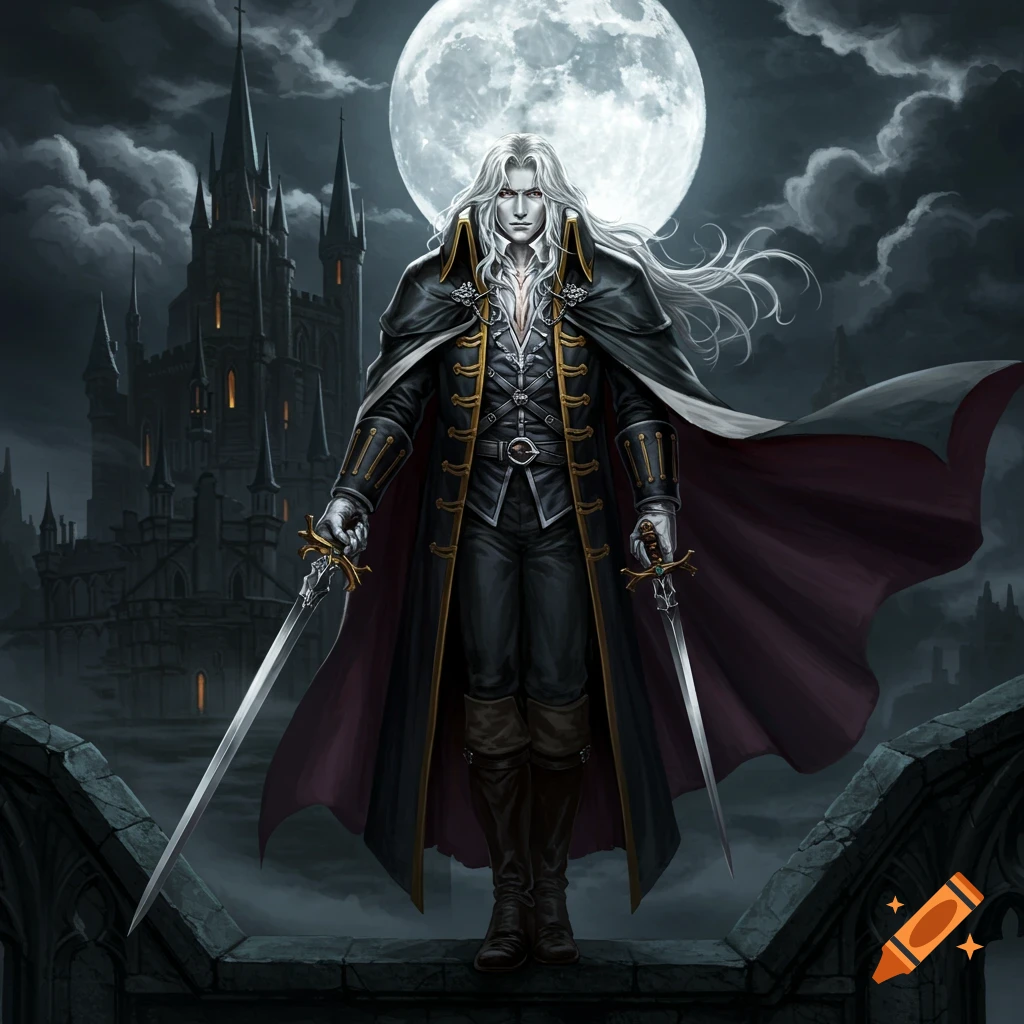 Alucard stands on a bridge with two swords, a dark gothic castle and large full moon behind him. Digital art style.