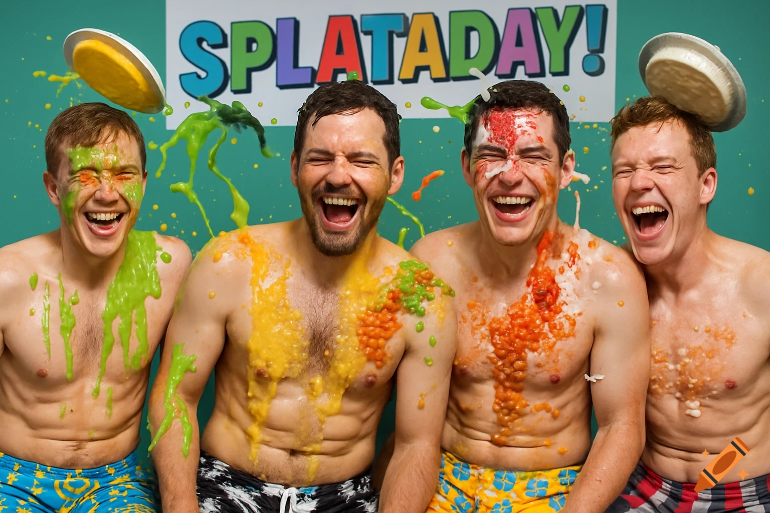 Four shirtless men covered in colorful food, laughing under a 'SPLATADAY!' banner, photorealistic.