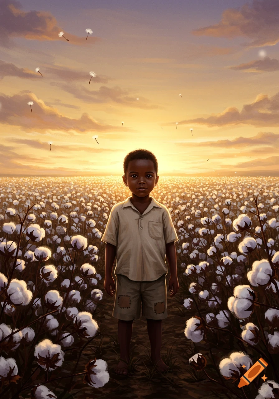 A young black boy stands in a vast cotton field at sunset under a colorful sky, painted illustration.