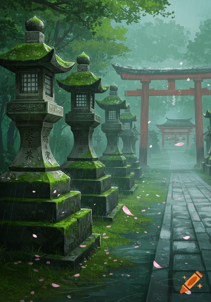 Stone lanterns and torii gates line a path at a Japanese shrine in the rain, with cherry blossoms on the ground.