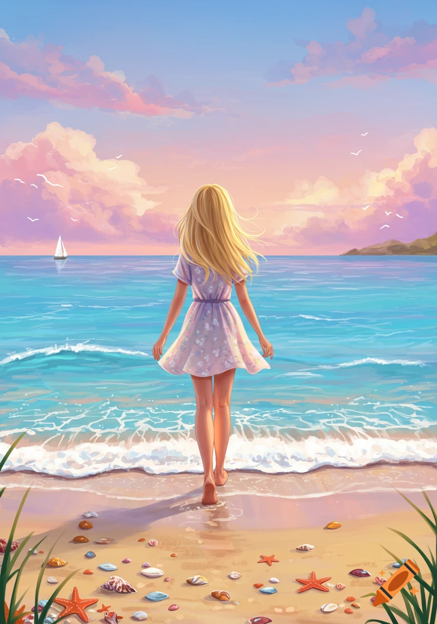 A blonde girl walks into the ocean on a beautiful beach at sunset, with seashells and starfish on the sand. Illustrated style.