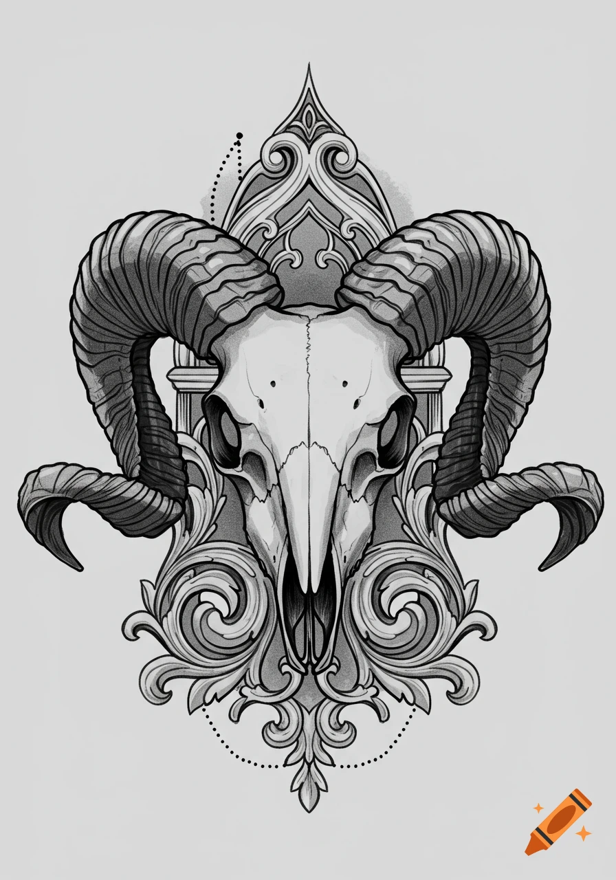 A grayscale ornamental tattoo design featuring a ram skull with large curved horns and baroque-style swirling patterns.