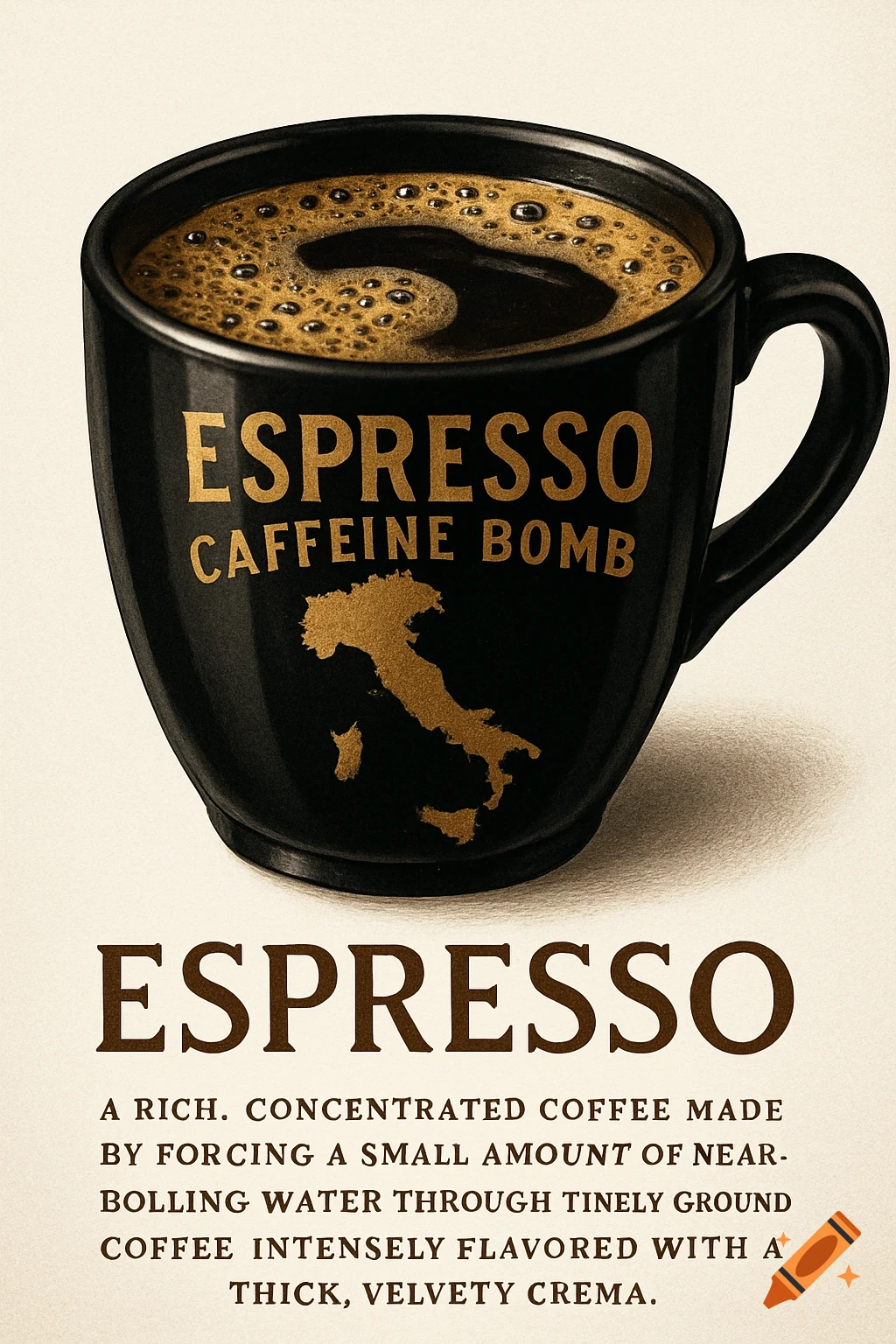 A poster features a black coffee mug filled with espresso, labeled 'ESPRESSO CAFFEINE BOMB' with a gold map of Italy, on a light background.