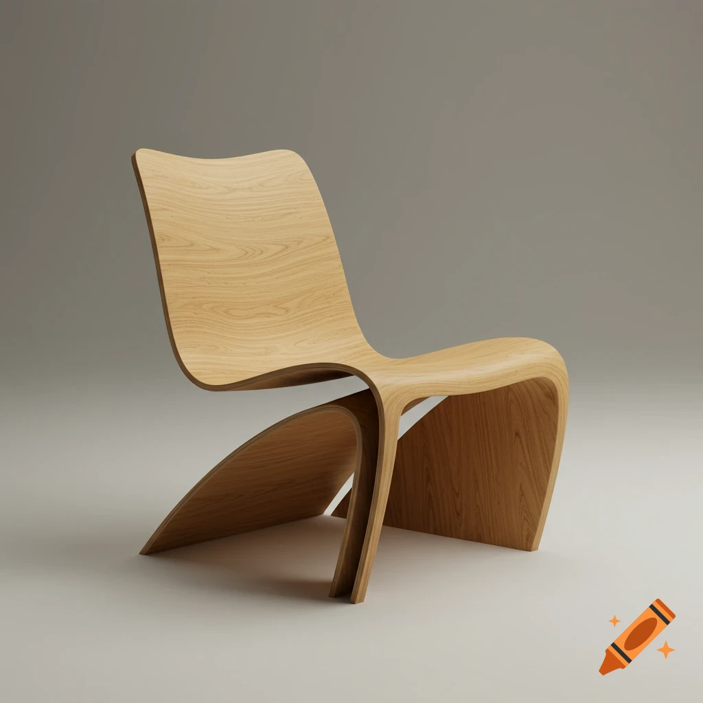 A modern, elegant chaise lounge chair made of light plywood with graceful curves, set against a plain gray background.