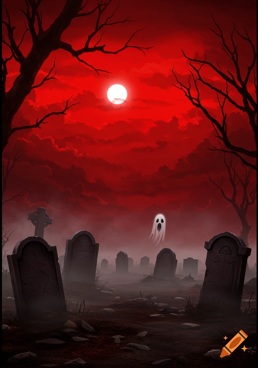 A spooky graveyard with a white ghost floating above tombstones under a bright full moon and ominous red sky with bare trees.