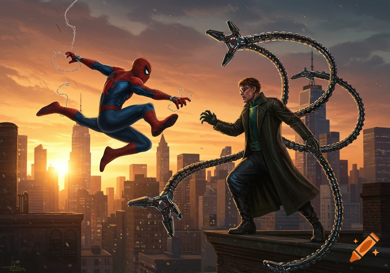 Spider-Man leaps towards Doctor Octopus on a city rooftop at sunset, in an action-packed comic book style illustration.
