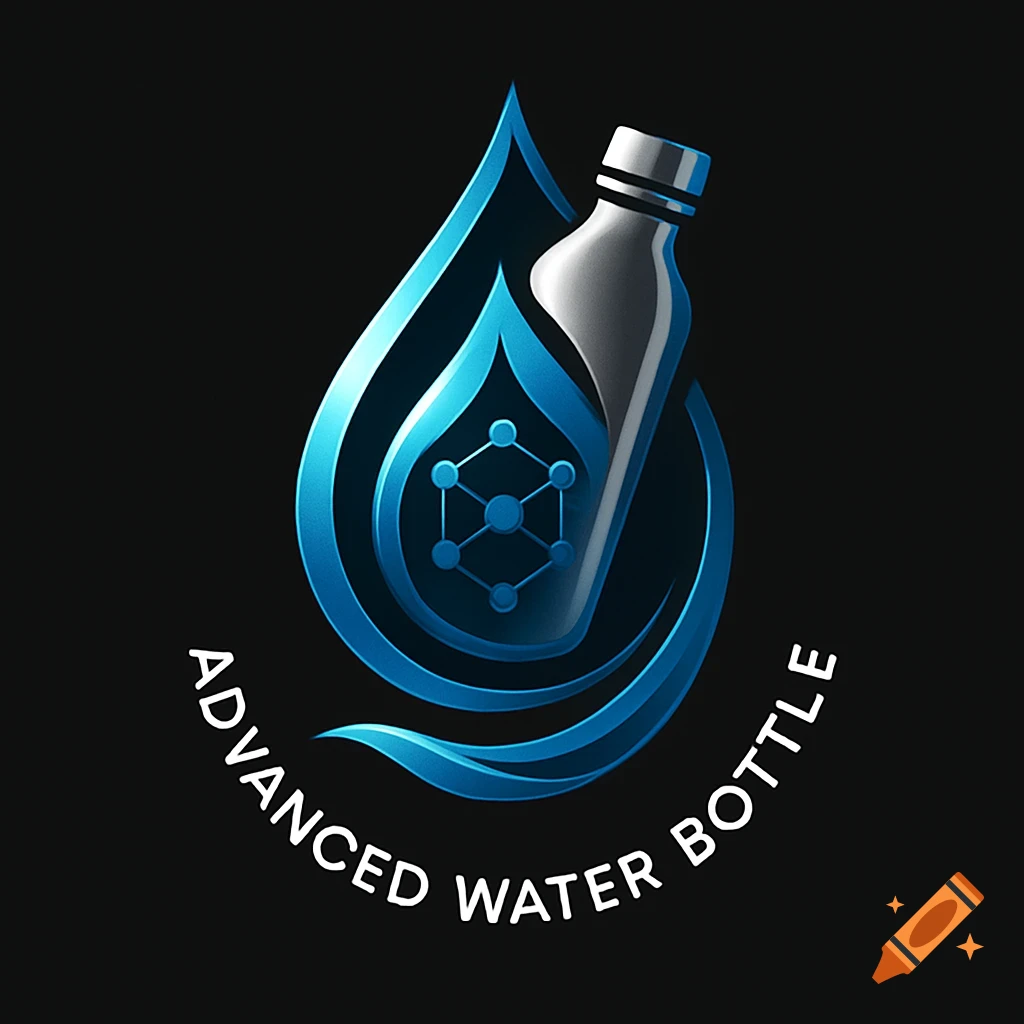 A sleek, blue and silver logo for 'ADVANCED WATER BOTTLE' featuring a water droplet encompassing a molecular structure and a modern bottle.
