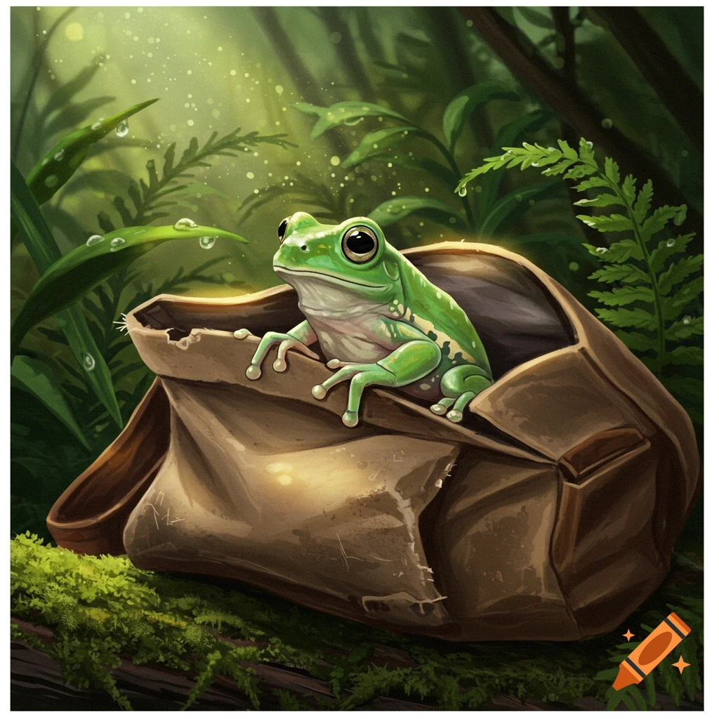 A vibrant green frog with large eyes sits in a crumpled brown paper bag in a magical, dewy forest.