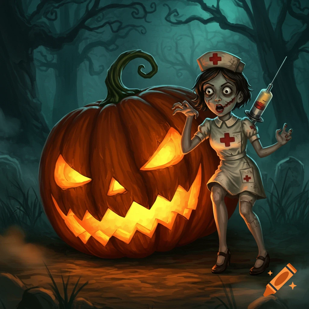 A stylized illustration of a zombie nurse with a large syringe next to a glowing jack-o'-lantern in a spooky forest.