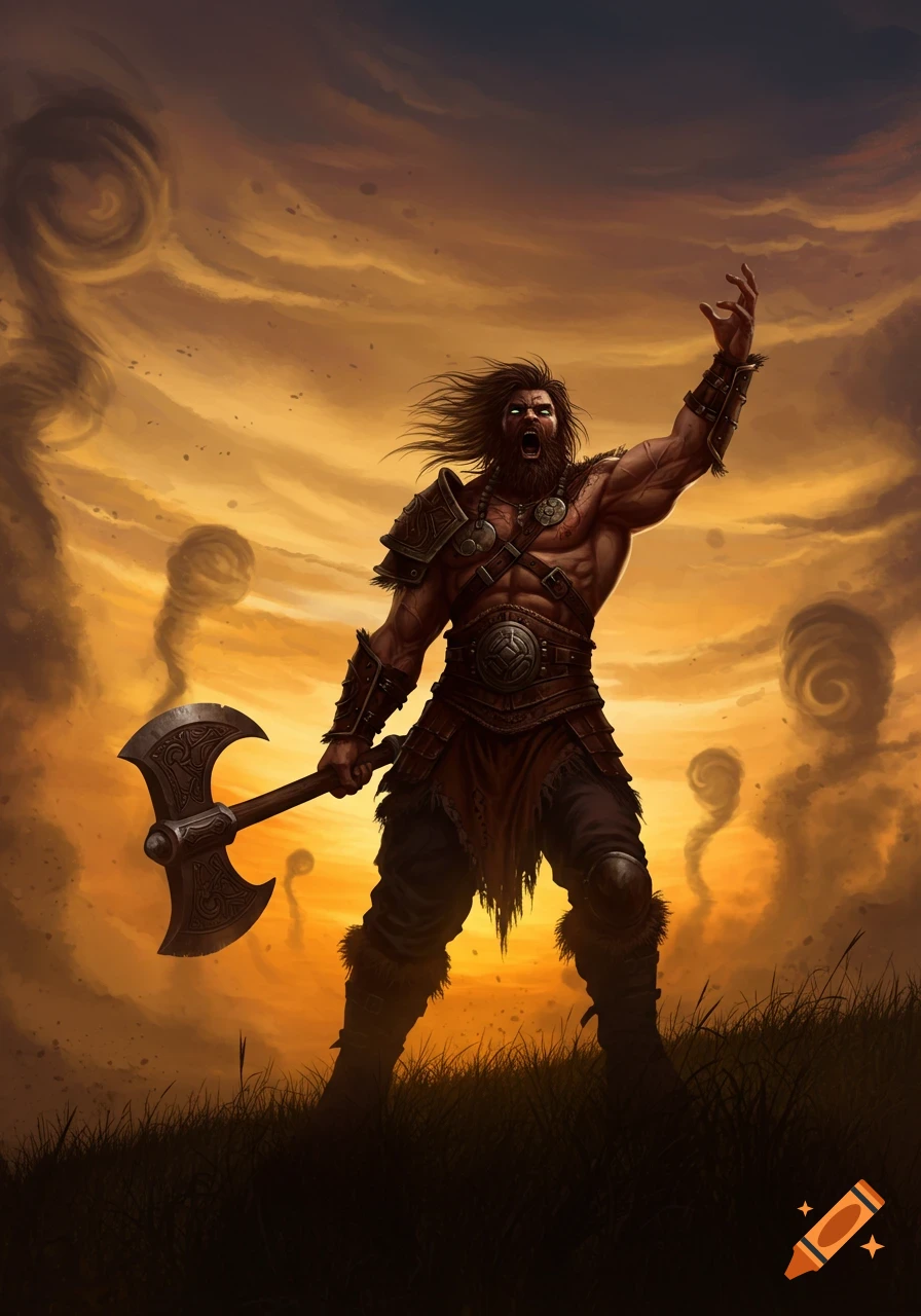 A muscular barbarian with an axe shouts on a hill against a dramatic orange sky with dust devils. Digital art.