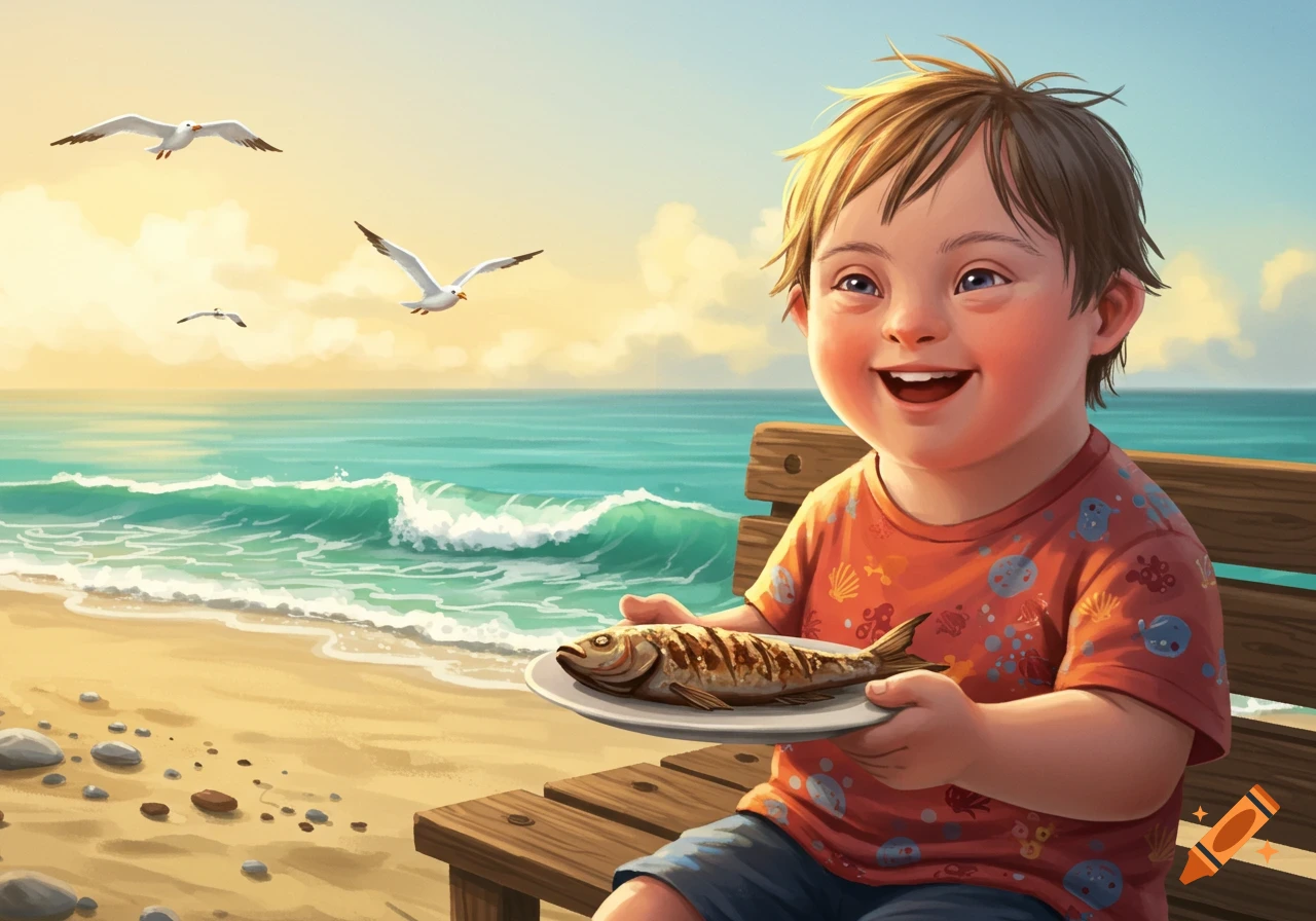 Happy child with Down syndrome holds a grilled fish on a plate at a sunny beach with seagulls, illustration style.