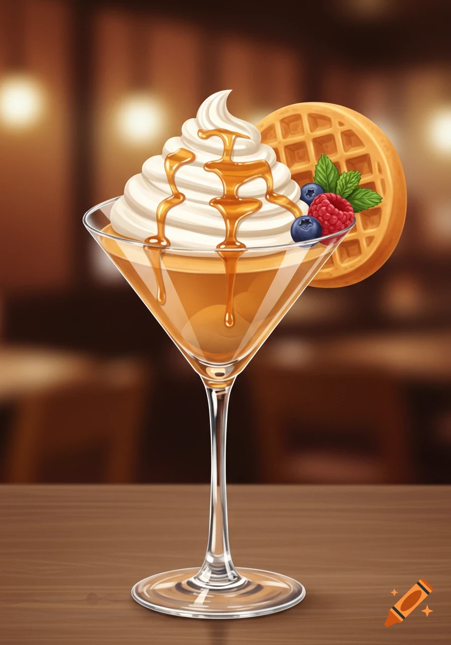 Stylized illustration of a waffle-tini dessert in a martini glass, topped with whipped cream, syrup, berries, and a waffle.