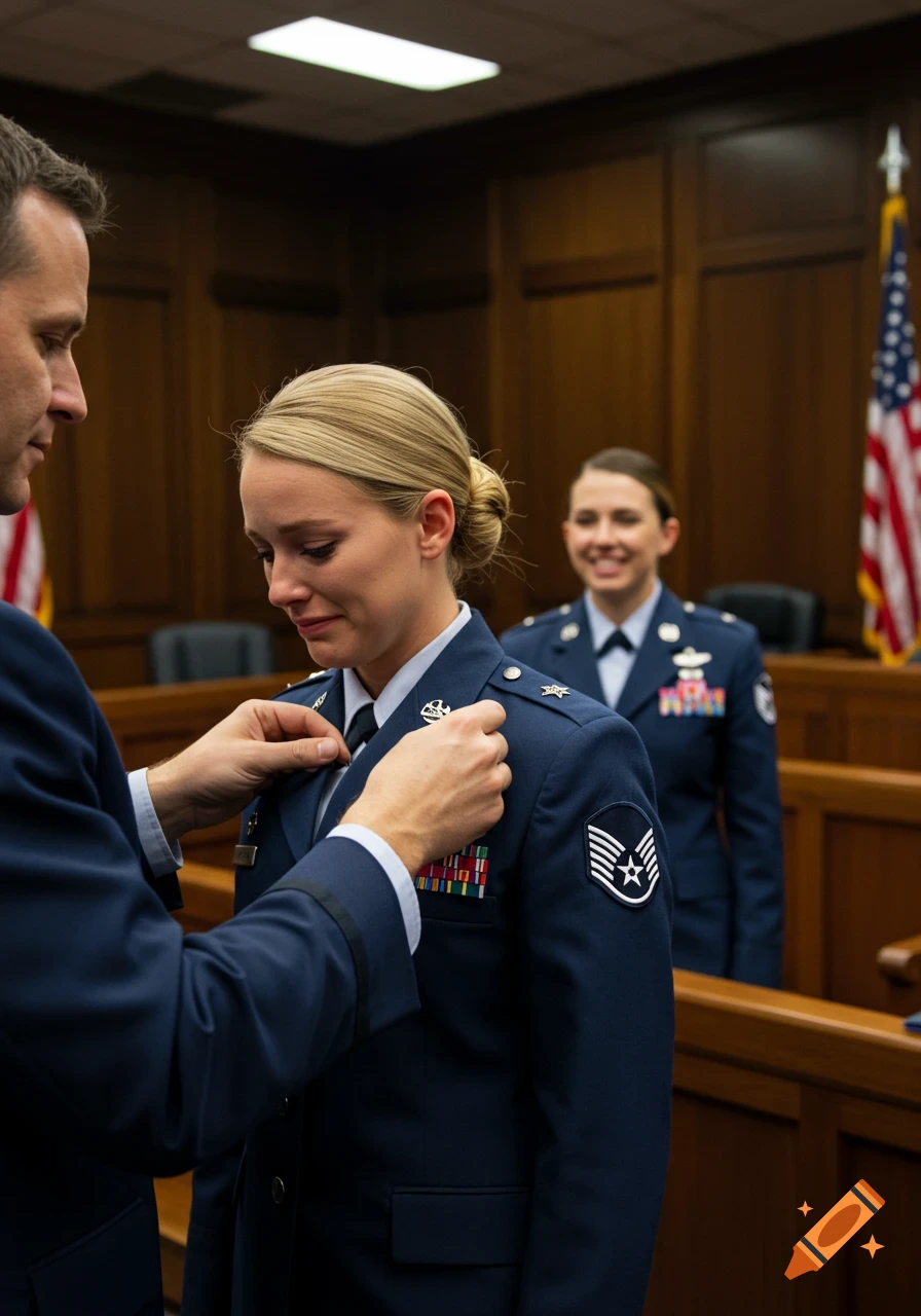 A male officer pins rank insignia onto an emotional blonde female officer's uniform, with another female officer smiling in the background.