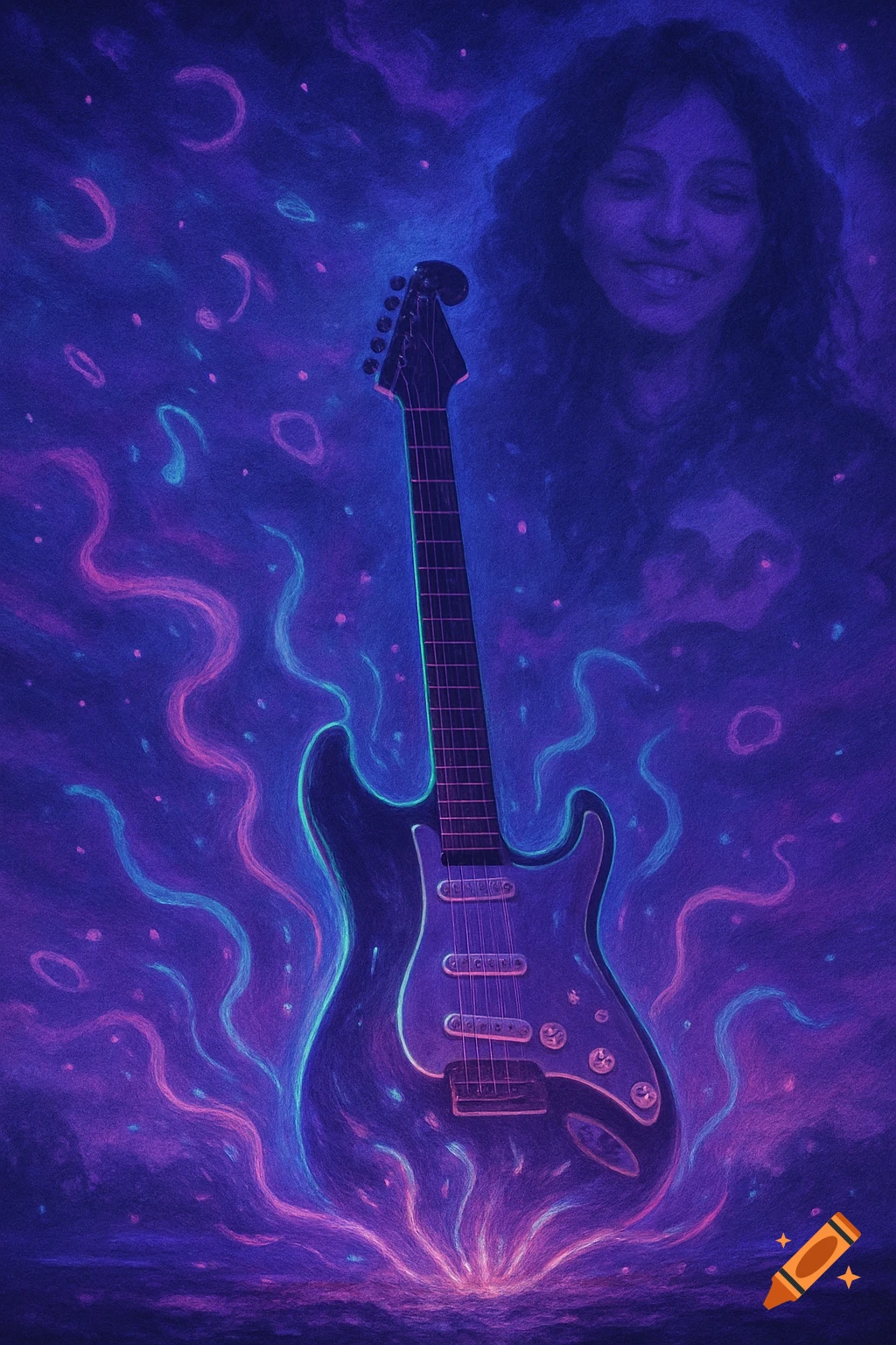 A glowing electric guitar against a neon purple and blue background with a faint smiling woman and abstract swirls.