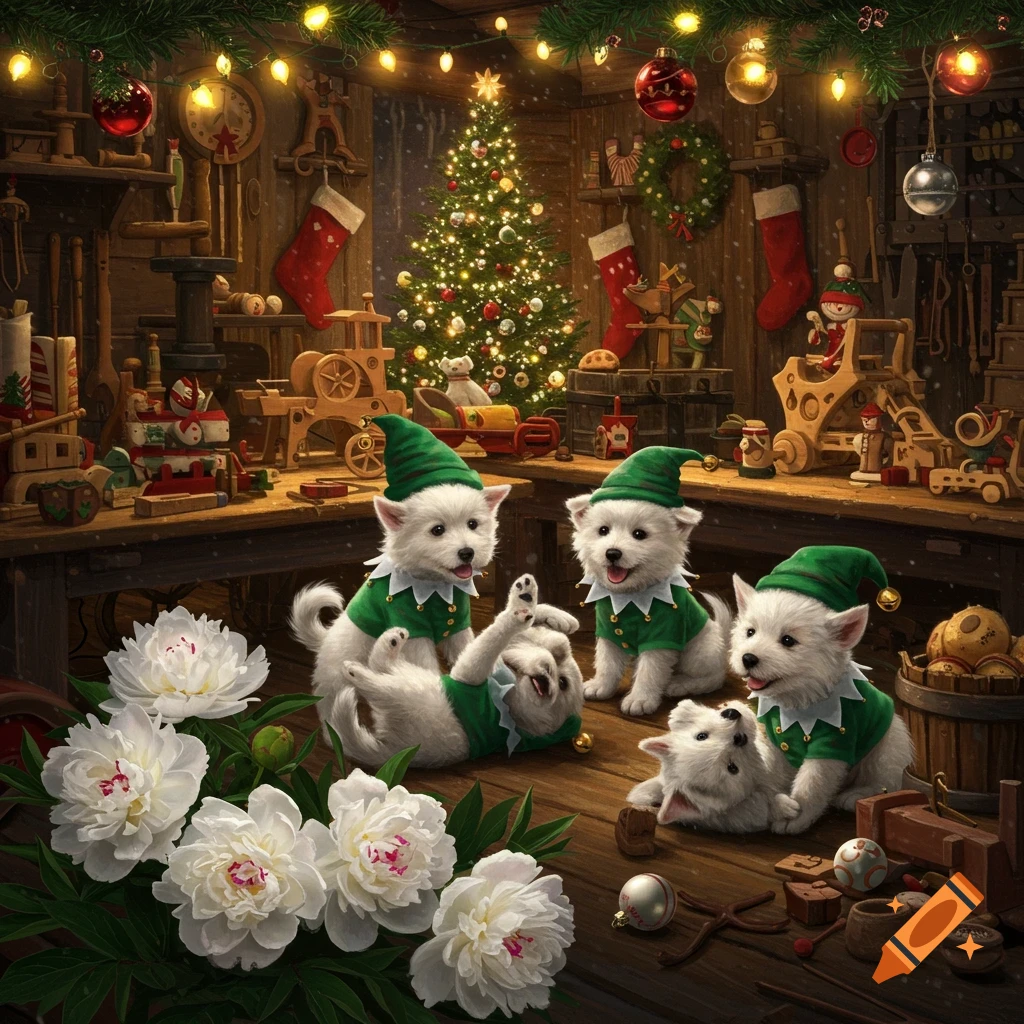 Elf puppies play in Santa's twinkling workshop with a Christmas tree, wooden toys, and white peonies in the foreground.