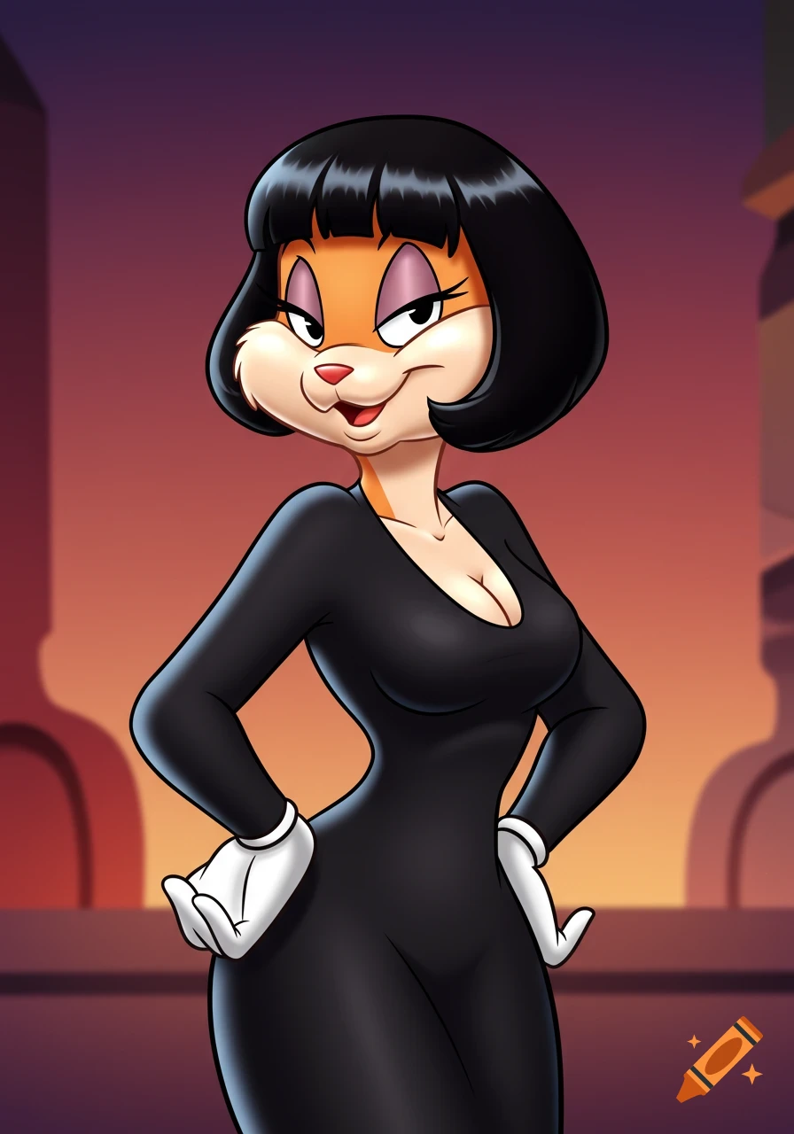 An anthropomorphic cat-like character with short black bob hair, wearing a tight black dress and white gloves, stands confidently.