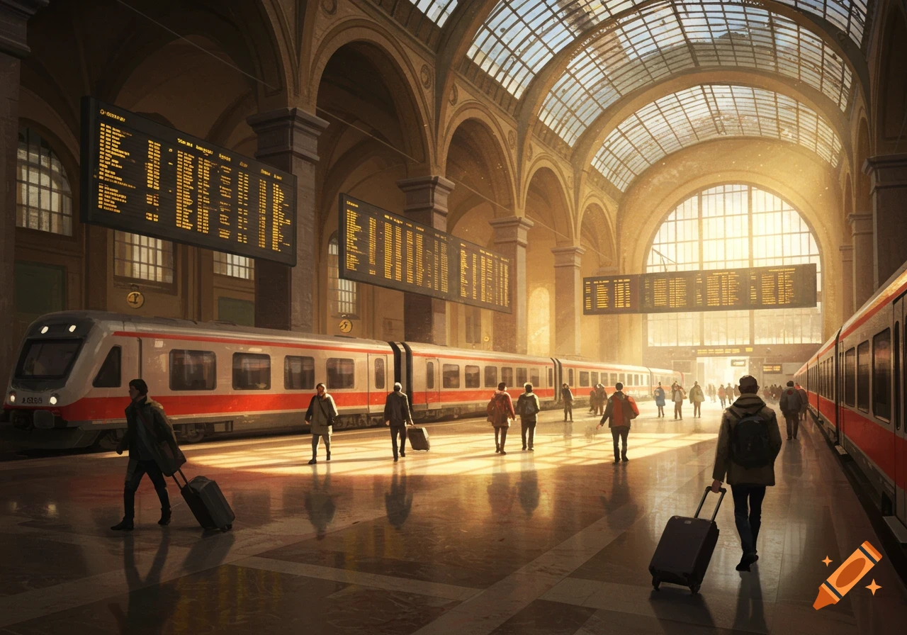 A photorealistic image of a busy train station with passengers, large trains, and high arched windows, bathed in golden sunlight.