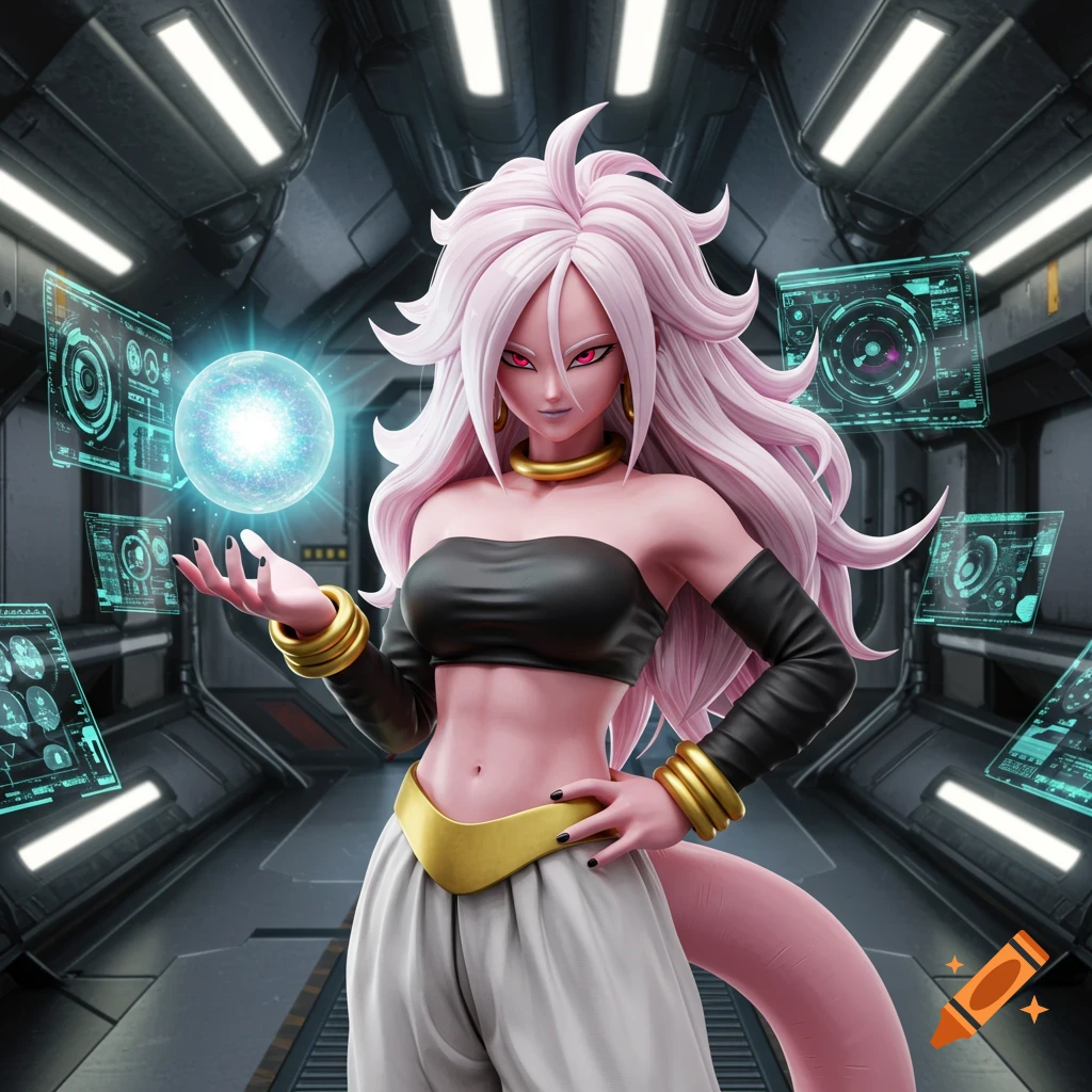 A realistic portrayal of Android 21 from Dragon Ball, with pink hair and red eyes, holding a glowing energy orb in a futuristic lab.