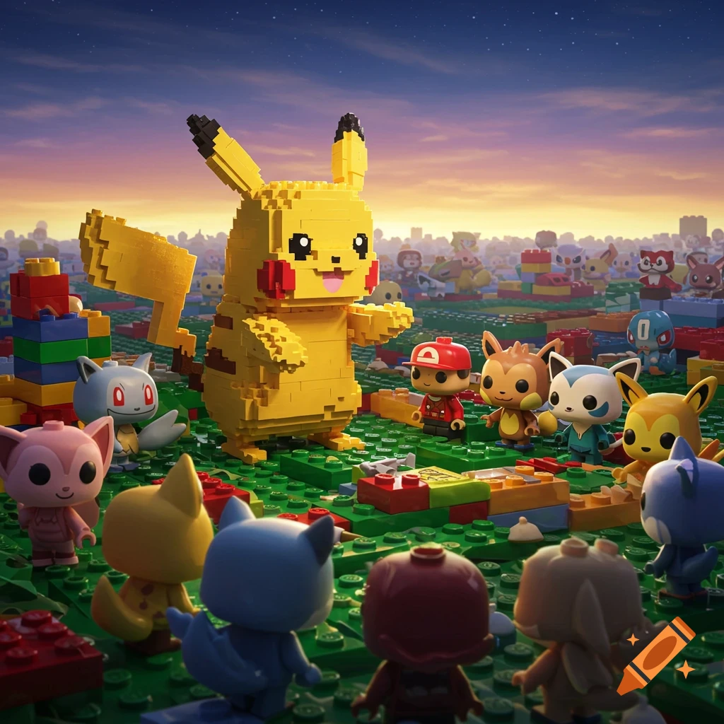 A giant Lego Pikachu stands in a Lego landscape, surrounded by smaller Funko Pop Pokemon characters at sunset.