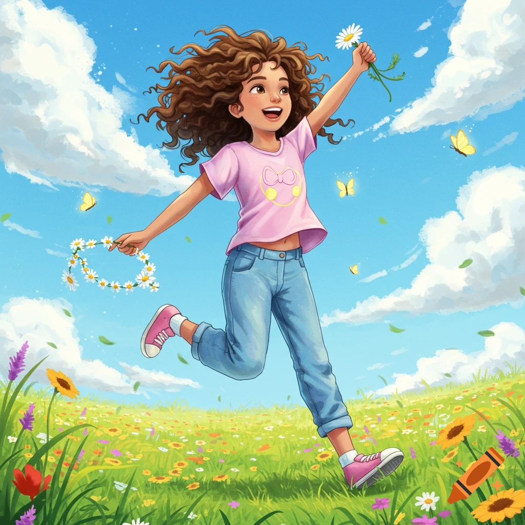 A happy young girl with curly hair runs through a vibrant flower meadow under a sunny sky, holding a daisy chain and a daisy.