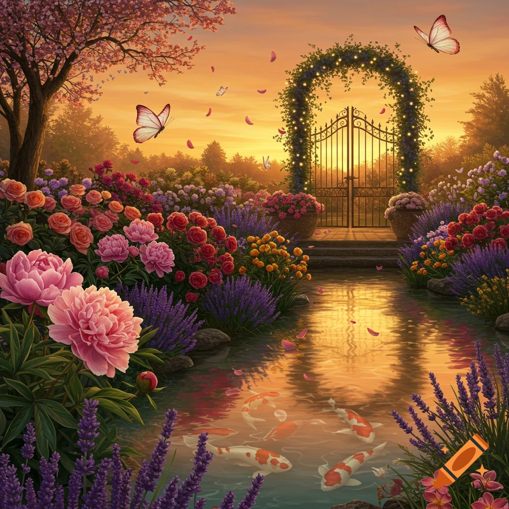 A vibrant, idyllic garden at sunset with pink peonies, red roses, purple lavender, butterflies, and koi fish in a stream leading to an arched gate.