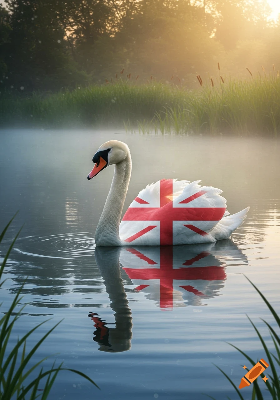 A majestic swan with a St. George's Cross painted on its back, floating on a misty lake at sunrise.