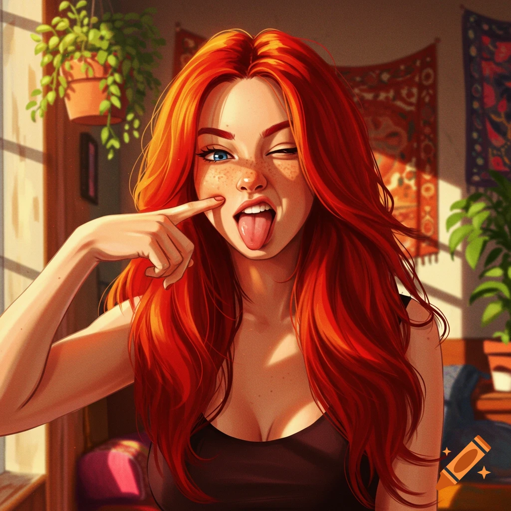 Digital art portrait of a vibrant red-haired woman winking, sticking out her tongue, and poking her cheek, bathed in warm sunlight.