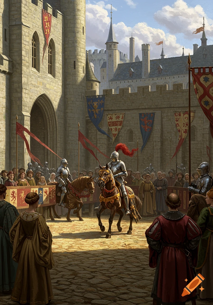 Knights on horseback in a medieval castle courtyard, with spectators and heraldic banners in a historical art style.