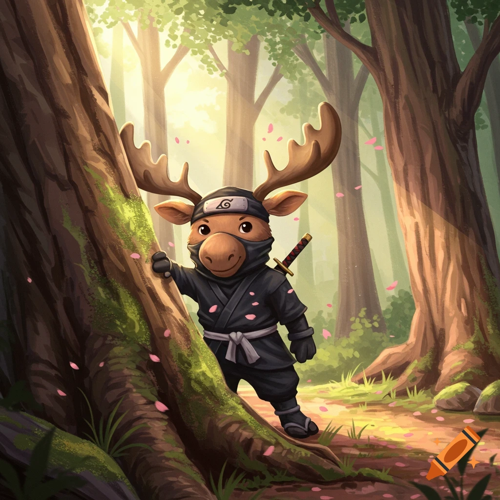 A cute, smiling ninja moose peeking from behind a tree in a sunlit forest with pink petals, illustrated in a cartoon style.